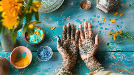 Artistic Henna Patterns on Hands Amidst Colorful Traditional Indian Decorの素材