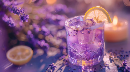 A crystal glass of lavender lemonade, gently kissed by twilight hues, nestled among fragrant lavender blooms with a lemon slice garnish.の素材