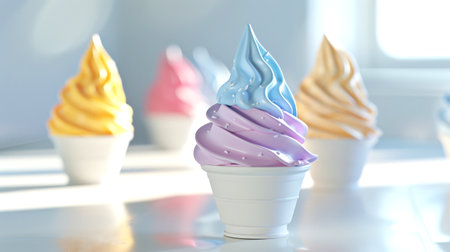 stylized trio of soft serve ice cream in pastel colors displayed neatly in white cups against a light backgroundの素材