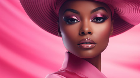 A poised young Black woman showcases beauty and confidence, her eyes expressing a story, against a vibrant pink backdrop.の素材