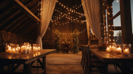 A rustic barn wedding venue adorned with fairy lights and candles, creating an intimate and romantic atmosphere at dusk.の素材