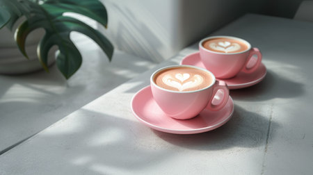 Two inviting pink cups of cappuccino sitting in soft daylight, each with a heart-shaped latte art, symbolizing warmth and love in a cozy setting.の素材
