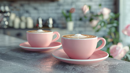 Two pink cups of cappuccino with heart-shaped latte art, basking in sunlight on a modern kitchen counter, embodying warmth and affection.の素材