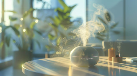 A modern aroma oil diffuser emits a soothing mist against the backdrop of a sunset-lit room, enhancing a peaceful home environmentの素材