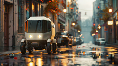 An autonomous food delivery robot navigates a rain-soaked urban street at dusk, symbolizing cutting-edge technology in everyday lifeの素材
