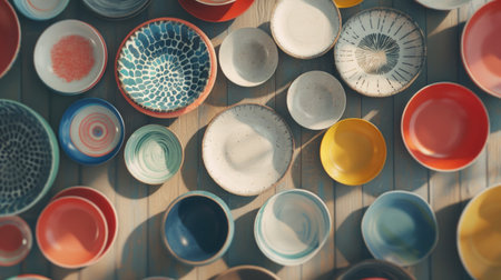 An artistic assortment of colorful ceramic plates in various shapes and patterns, displayed on a wooden surface, showcasing craft and designの素材