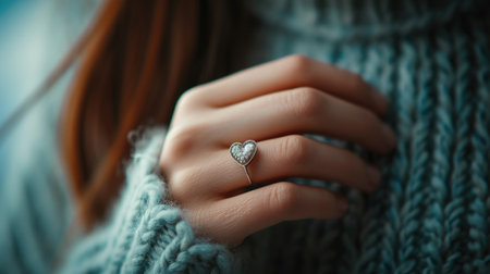 Close view of a lady's hand featuring a delicate heart-shaped ring.の素材