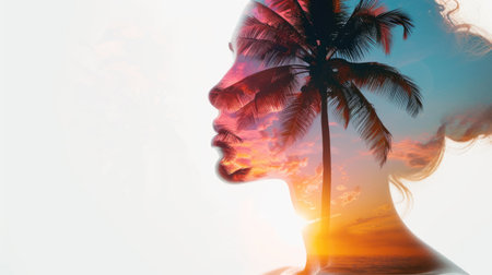 Serene double exposure portrait with tropical palm overlay on female silhouetteの素材