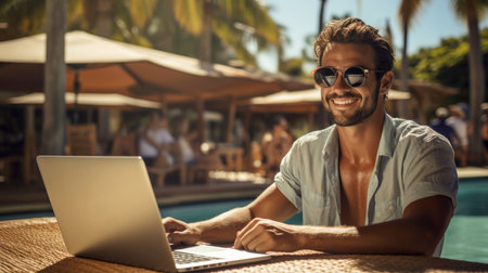 A cheerful man enjoys the best of both worlds, working on his laptop while basking in the sunny ambiance of a poolside resort.の素材