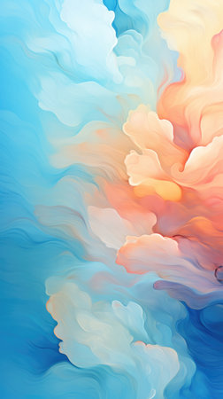 Soothing abstract design mimicking a dreamscape of pastel blue and peach clouds, inspiring calm and creativity.の素材