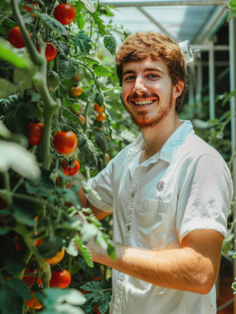 Smiling Male Agronomist Inspecting Tomato Plants in Sustainable Greenhouseの素材