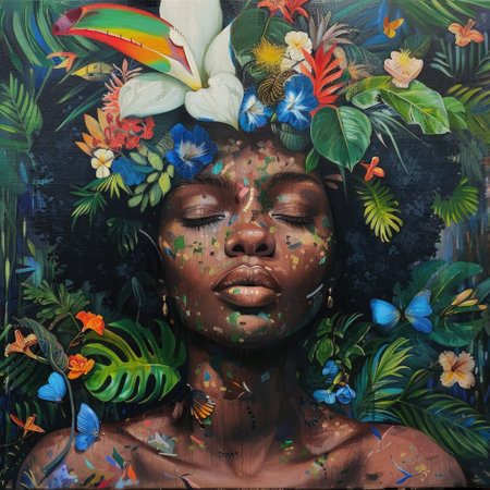 Artistic Portrait of Woman with Exotic Tropical Flowers and Butterfliesの素材