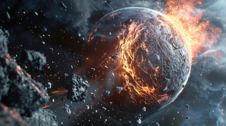 An intense depiction of a planet undergoing a catastrophic event, with fiery eruptions and debris in the cosmos highlighting the drama of the universeの素材