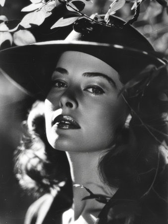 A classic 1940s portrait capturing the elegance and mystique of a woman in a wide-brimmed hat, shaded by leavesの素材