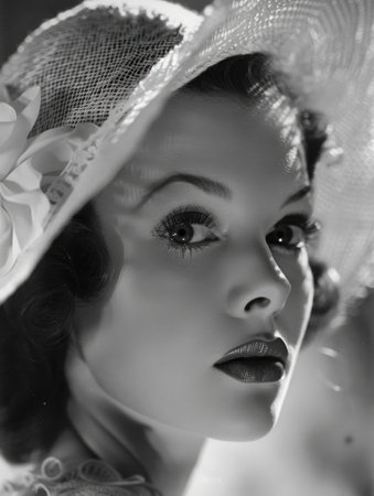 A black-and-white portrait of a woman from the 1940s, encapsulating the timeless beauty and style of the era with a delicate veil and hatの素材