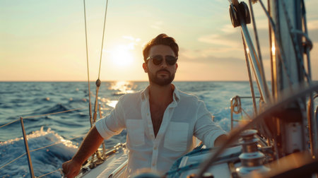 A man in sailboat enjoys the peace of sailing at sunset, with golden hues reflecting off the ocean.の素材