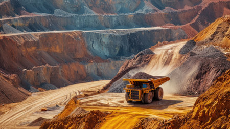 Haul truck in action within an iron ore open-pit mine.の素材