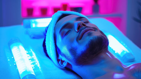 Man with closed eyes enjoys LED light treatment in a modern clinicの素材