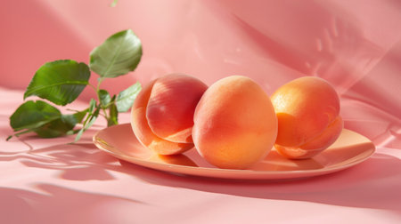 Three ripe apricots on a pastel plate, with soft pink background and gentle light creating a soothing and appetizing still life.の素材