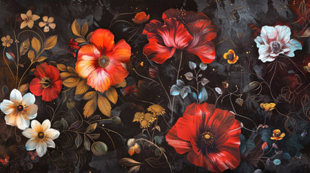 A dark backdrop sets the stage for a vivid dance of flowers, marrying the beauty of nature with the depth of the night.の素材