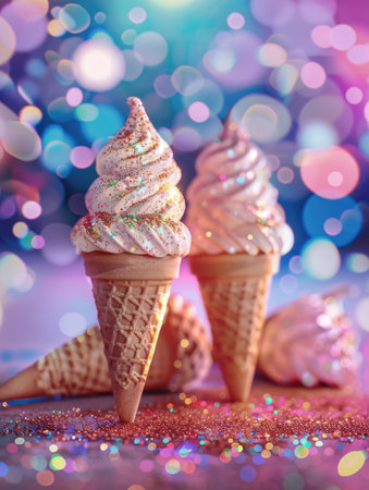 Two ice cream cones adorned with glittering sprinkles offer a whimsical take on a classic treat, amidst a bokeh-lit backdrop.の素材