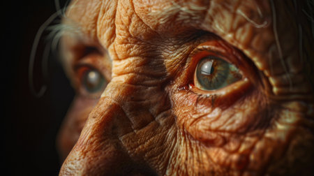 The captivating close-up of an elderly person's eye, with each wrinkle telling a story of wisdom and life's journey.の素材