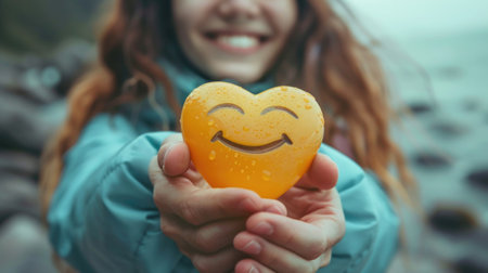 A person holds a cheerful, smiling heart-shaped object in their hands, symbolizing care and positivity amidst nature. hopecore conceptの素材