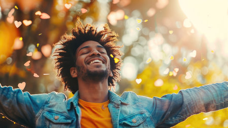 A young man with arms outstretched, bathed in golden light, his face alight with a joyful smile, surrounded by heart-shaped bokeh.の素材
