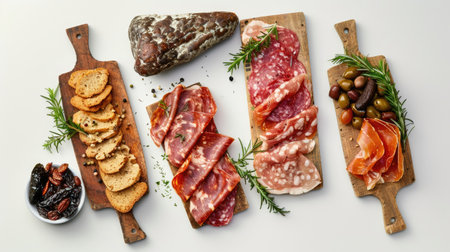 A curated selection of artisanal meats, crisp toasts, and pickles showcased on rustic wooden boards for a delightful tasting experience.の素材