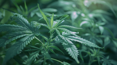 A close-up shot capturing the intricate details and vibrant green hues of a lush cannabis plant, emphasizing its natural beauty.の素材
