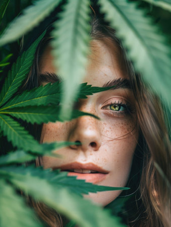 An intimate portrait of a young individual with piercing eyes peering through lush cannabis leaves, invoking a sense of wonder and connection with nature.の素材