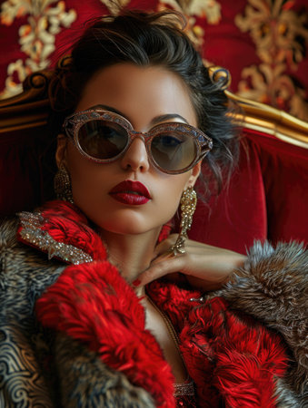 A portrait of a woman exuding opulence, draped in luxurious red and gold attire, embodying elegance and extravagance.の素材