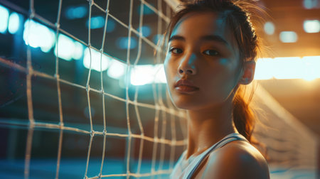 A young athlete rests against a tennis net, her contemplative gaze catching the last rays of sunlight filtering through the court.の素材