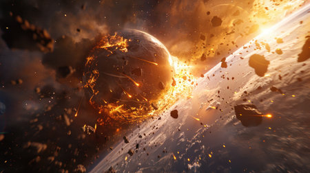 A stunning visualization of a cataclysmic planetary collision in a distant galaxy, with fiery debris and a dramatic explosion against the darkness of space.の素材