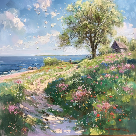 A vibrant painting of a coastal landscape in full bloom, with a pathway leading to a serene ocean view and a quaint cottage nestled among the trees.の素材