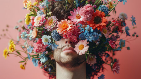 A man's face is artfully concealed by a lush, colorful arrangement of flowers, evoking a vibrant botanical fantasyの素材