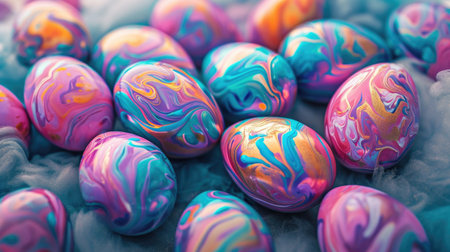 Close-up of Easter eggs with psychedelic marbleized patterns.の素材