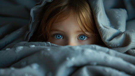 A young child's vivid blue eyes shine from beneath a gray blanket.の素材