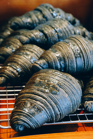 Unique charcoal croissants glistening with sugar crystals, cooling on a rack, a modern twist on a classic pastry.の写真素材