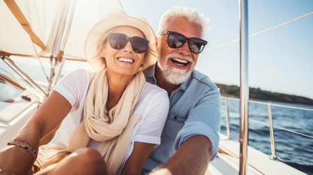 A mature couple shares a moment of joy on a sailing trip, surrounded by the serene beauty of the ocean.の素材