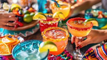 Vibrant Mexican-inspired cocktails with colorful rims and garnishes in a lively party atmosphere, offering a festive and flavorful celebrationの素材