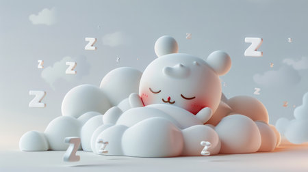 A charming 3D-rendered teddy bear resting peacefully among fluffy clouds, with "Zzz" symbols suggesting a deep, serene sleepの素材