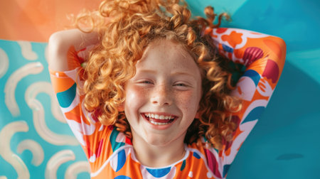 Joyful Redheaded Child Smiling on Sunny Day at Poolsideの素材