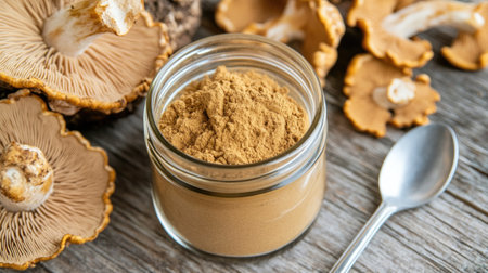 Nutritious Chanterelle Mushroom Powder on Wooden Table.の写真素材