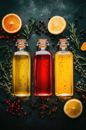 Vibrant Citrus-Infused Oils with Herbs and Spices on Dark Background.の写真素材