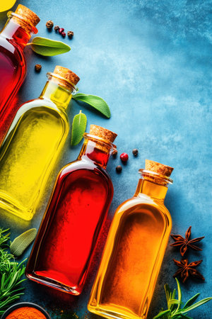 Vibrant Assortment of Gourmet Infused Oils on Textured Background.の写真素材