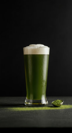 Refreshing Green Beer in Tall Glass with Hops on Dark Background.の写真素材