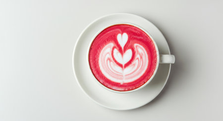 Vibrant Pink Latte Art in White Cup on Minimalist Background.の写真素材