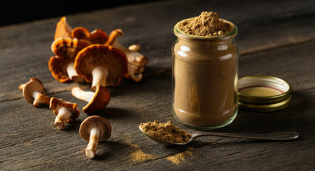 Mushroom Powder and Fresh Fungi on Wooden Surface.の写真素材