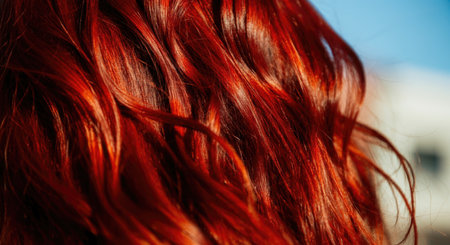 Closeup of Shimmering cherry red Hair Texture in Sunlightの写真素材